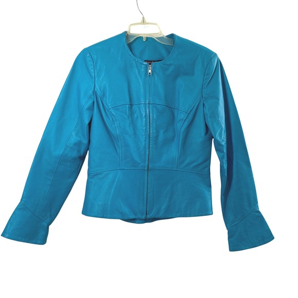 Shape FX Jackets & Blazers - Shape FX Turquoise Blue Genuine Leather Jacket Womens Sz 8 Full Zip Flared Cuffs